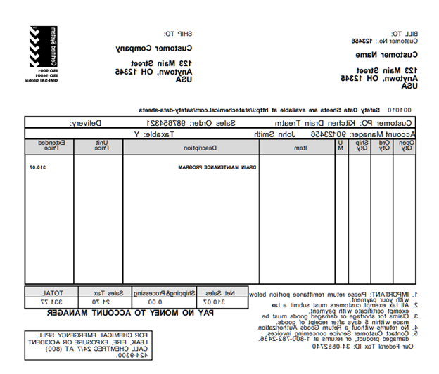  Image of a State Chemical invoice. 发票内容包括:客户姓名和地址, the customer's shipping address, the name of the State Chemical account manager, the  net sales price, the sales tax, and the total sales price.